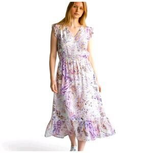 Another Love Floral Midi Dress Large Boho V-Neck Flutter Sleeve Cottagecore New
